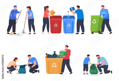 Volunteers clean up the environment. Garbage sorting. Preservation of the environment. Vector illustration