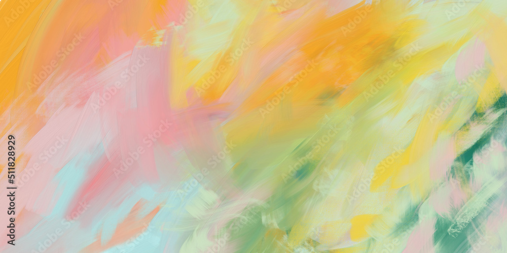油絵抽象背景）マルチカラーの筆跡・春用テンプレート　ラフ　ナチュラル　アート　ピンク　緑　黄色