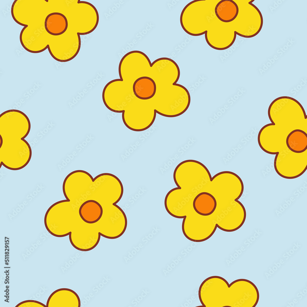 Cute abstract seamless pattern with yellow groovy daisies on a blue background. Minimalistic simple trendy kids design. Vector cartoon illustration Cute abstract seamless pattern with yellow groovy daisies on a blue background. Minimalistic simple trendy kids design. Vector cartoon illustration