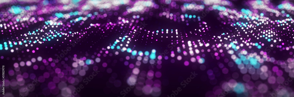 Dynamic particle wave. Futuristic point wave. Flow digital structure. Data technology background. 3D rendering.
