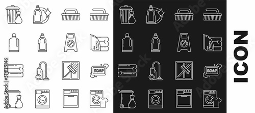 Set line Washer and t-shirt, Bar of soap with foam, Electric iron towel, Brush for cleaning, Plastic bottles liquid dishwashing liquid, Trash can garbage bag and Wet floor progress icon. Vector