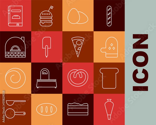 Set line Pastry bag for decorate cakes, Bread toast, Oven glove, Chicken egg, Spatula, Brick stove, Cookbook and Slice of pizza icon. Vector