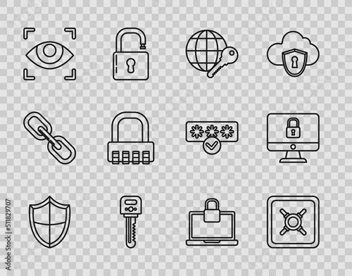 Set line Shield, Safe, Globe key, Key, Eye scan, combination lock, Laptop and and Lock computer monitor screen icon. Vector