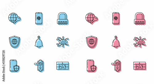 Set line Smartphone with security shield, Door handle, Globe key, Firewall, wall, Ringing bell, Eye scan, Shield world globe and fingerprint scanner icon. Vector