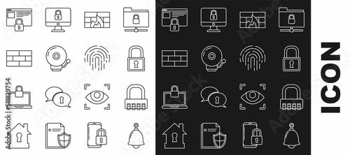 Set line Ringing bell, Safe combination lock, Lock, Firewall, security wall, alarm, Bricks, Secure your site with HTTPS, SSL and Fingerprint icon. Vector