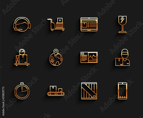 Set line Stopwatch, Conveyor belt with cardboard box, Support operator in touch, Wooden, Mobile phone app delivery tracking, Worldwide, Delivery man boxes and Postcard icon. Vector