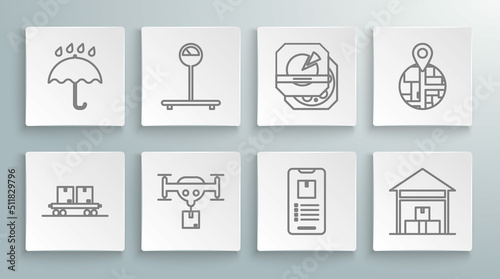 Set line Railway carriage, Scale, Delivery drone with the package, Mobile phone app delivery tracking, Warehouse, Pizza cardboard box, and Umbrella and rain drops icon. Vector