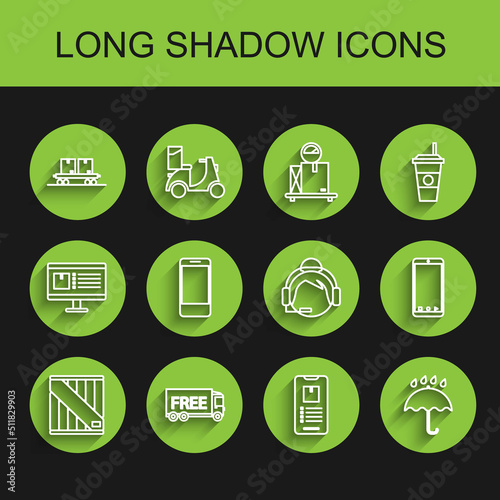 Set line Wooden box, Free delivery service, Railway carriage, Mobile phone with app tracking, Umbrella and rain drops, and Support operator touch icon. Vector