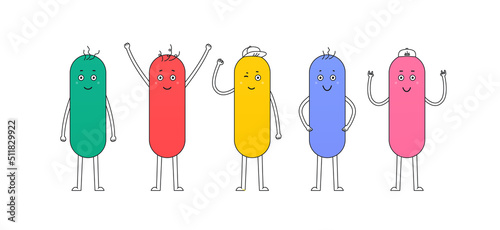 Set funny geometric characters with different face emotions. Cartoon comic creatures with long body.