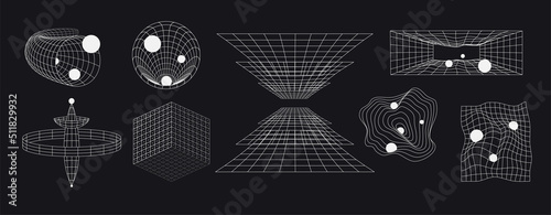 Set of abstract futuristic geometric shapes with lines. Retro set space shapes in form grid.