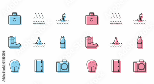 Set line Diving hood, Underwater note book and pencil, First aid kit, Photo camera for diver, Floating buoy on the sea, Aqualung, Boots and Rain waves icon. Vector