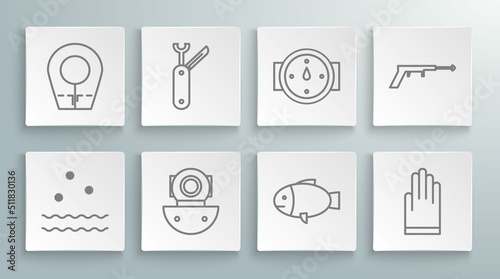 Set line Cold and waves, Swiss army knife, Aqualung, Fish, Gloves, Wind rose, Fishing harpoon and Diving hood icon. Vector