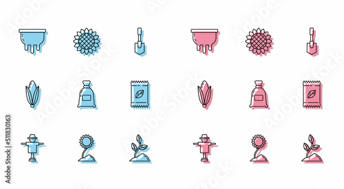 Set line Scarecrow, Sunflower, Udder, Sprout, Bag of flour, A pack full seeds specific plant, Corn and icon. Vector