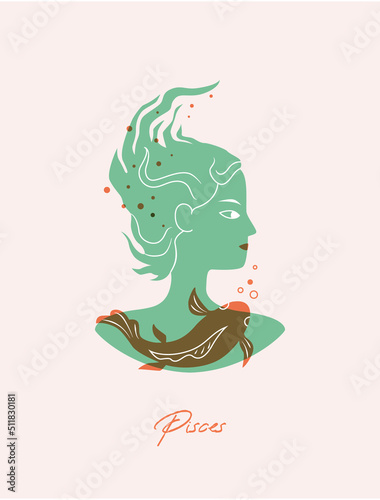 Pisces zodiac sign card. Female green silhouette with fish and bubbles. Vector illustration of an astronomical sign with a girl isolated. Horoscope with zodiac sign Pisces.