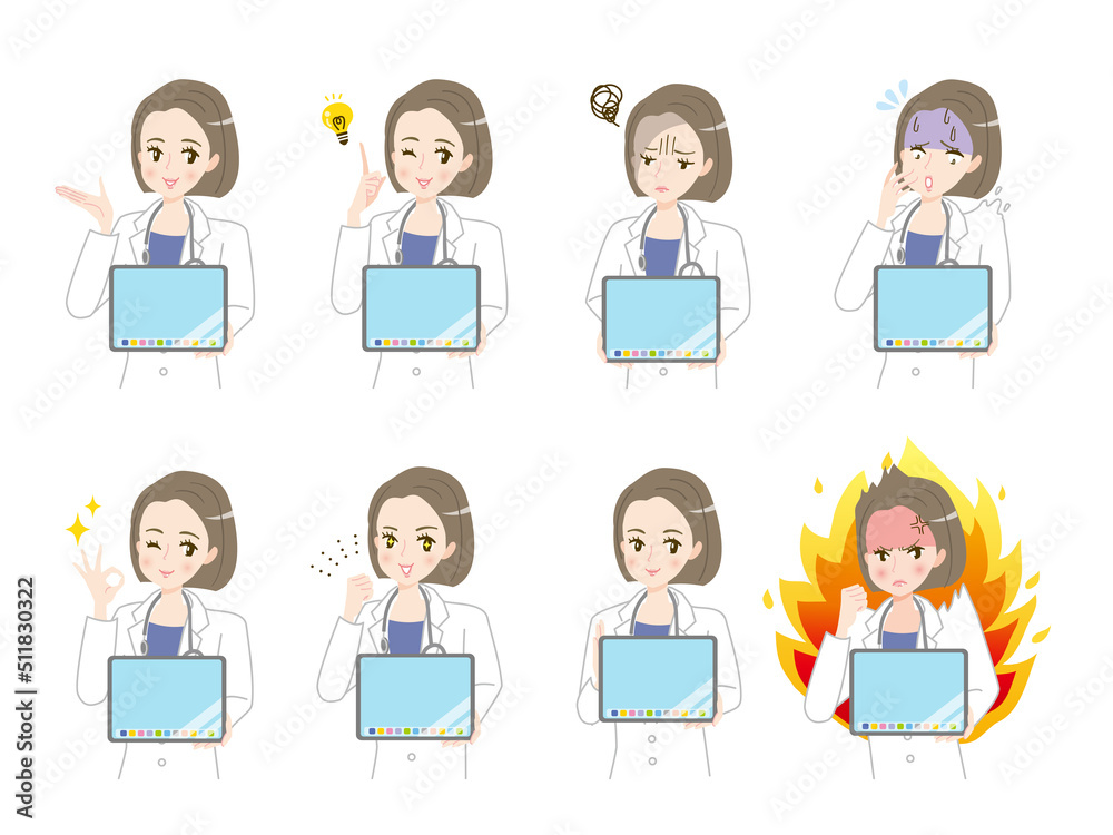 タブレットの画面を見せる女性医師の表情イラスト素材セット タブレットの画面を見せる女性医師の表情イラスト素材セット