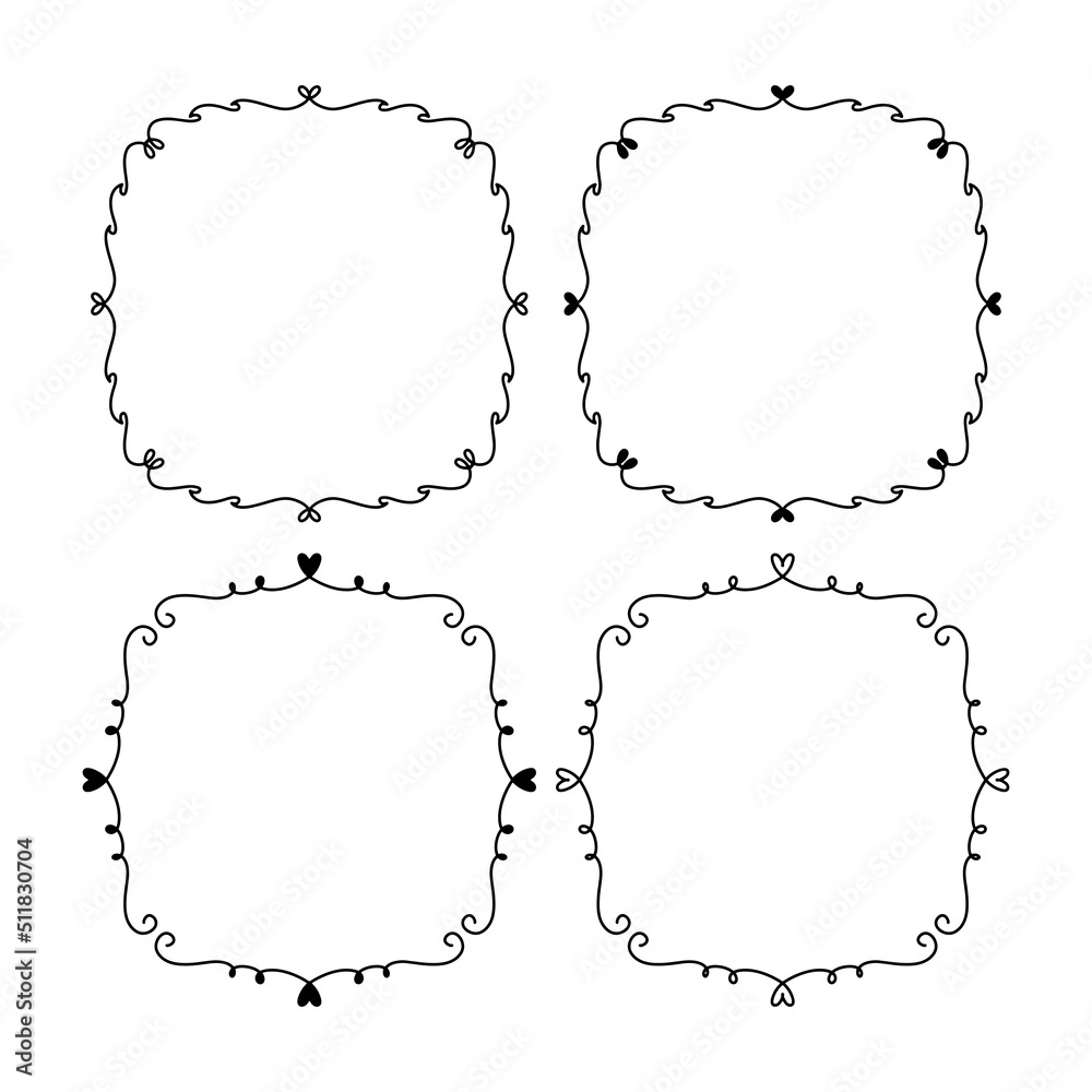 Set of 4 square floral frames. Silhouette and outline hand drawn frames with leaves isolated on white background. Doodle frames for invitations, greeting cards, web. Set of 4 square floral frames. Silhouette and outline hand drawn frames with leaves isolated on white background. Doodle frames for invitations, greeting cards, web.