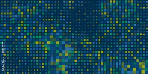 Abstract Dark Green and Blue 3D Slightly Wavy Surface Pattern with Random Sizes of Sqaures  - Geometric Mosaic Texture - Generative Art, Vector Background Design