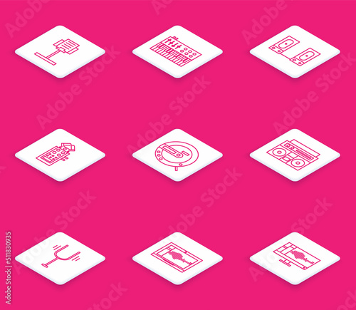 Set line Music stand, synthesizer, Stereo speaker, Microphone, CD player, Home stereo with two speakers, Musical tuning fork and Sound audio recorder laptop icon. Vector