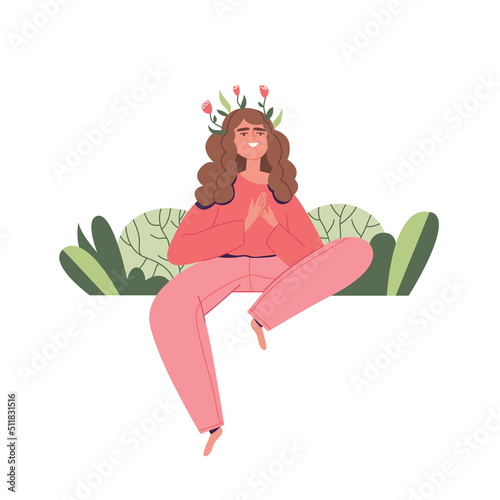A happy woman blooms from within. Cartoon character. Self help concept. Friendly attitude towards yourself. Psychological help. Vector illustration on a white isolated background.