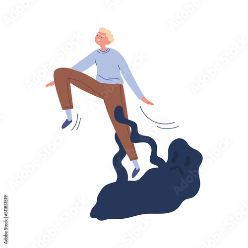 A happy man saves himself from psychological problems. Cartoon character. Self help concept. Mental disorders. Psychotherapy. Vector illustration on a white isolated background.