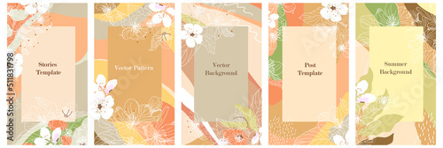 Set of floral backgrounds with abstract spots, blooming white flowers. Graphic design for flyer, banner, poster, promotional content, social media stories. Plant theme, frames with linear sakura © Lyudmyla