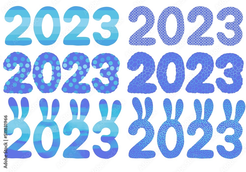 Set with 2023 rabbit numbers for new year gifts and stickers and notebooks and hobbies and holidays