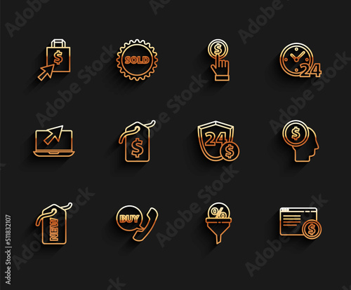 Set line Price tag with New, Phone and speech bubble Buy, Shoping bag dollar, Lead management, Online shopping screen, Business planning mind and Shield icon. Vector