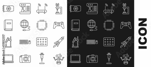 Set line Robot, Rocket ship with fire, Gamepad, Router and wi-fi signal, Social network, User manual, Video graphic card and Processor microcircuits CPU icon. Vector