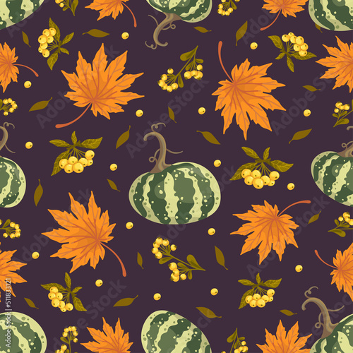 Vintage seamless pattern with green zucchini, sea buckthorn berries, maple leaves .Vector graphics.