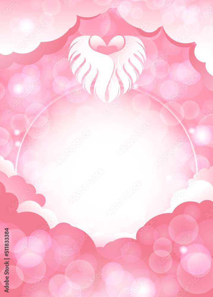 Kawaii background with clouds and heart made by wings. Template design Valentine's day greeting card or wedding invitation, baby shower. Cute vector illustration with empty space