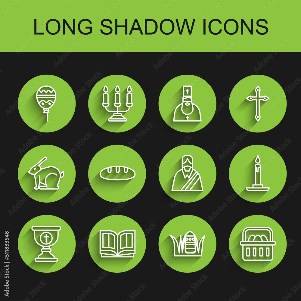 Set line Christian chalice, Holy bible book, Balloons with ribbon, Easter egg, Basket easter eggs, Bread loaf, Burning candle in candlestick and Jesus icon. Vector Set line Christian chalice, Holy bible book, Balloons with ribbon, Easter egg, Basket easter eggs, Bread loaf, Burning candle in candlestick and Jesus icon. Vector