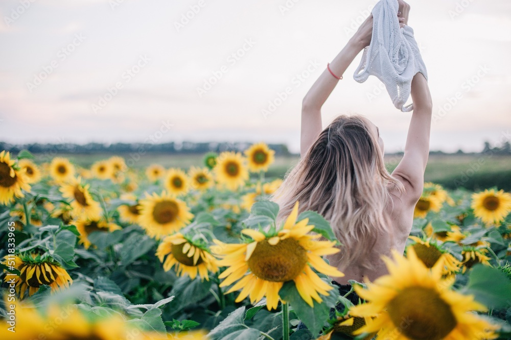Young, slender, with loose hair in a field of sunflowers at sunset