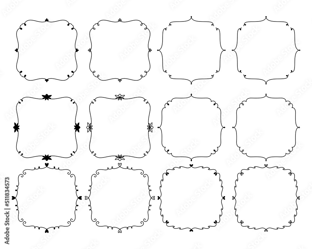 Set of 12 square floral frames. Silhouette and outline hand drawn