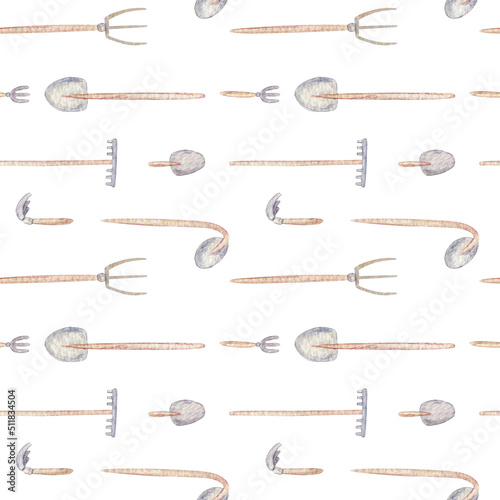 Gardening tools watercolor seamless pattern. Showel, hoe, rake illustations on white background. photo