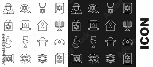 Set line Torah scroll, Jewish kippah, Hanukkah menorah, Star of David necklace on chain, Shopping bag with star david, Orthodox jewish hat and synagogue icon. Vector