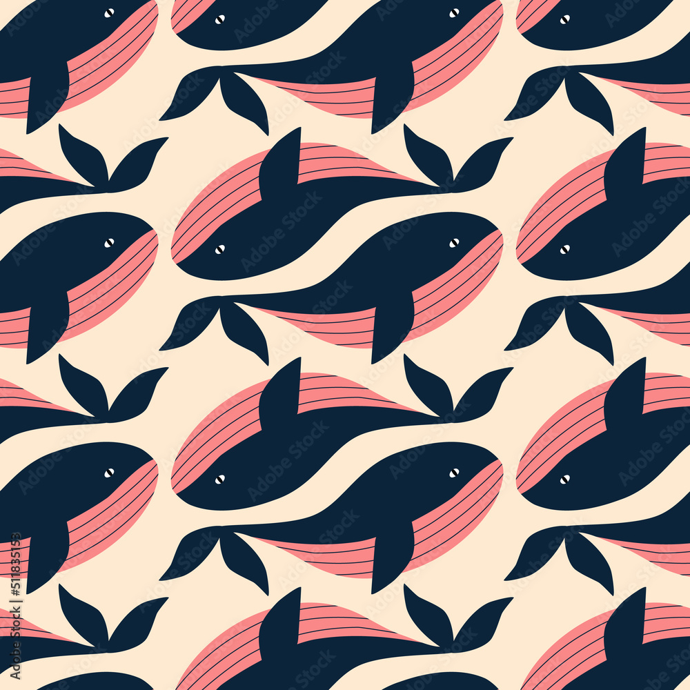 Naklejka premium Creative whales hand drawn vector illustration. Cute ocean animals seamless pattern for children fabric or wallpaper.
