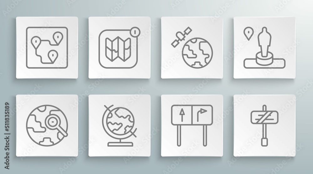 Set line Magnifying glass with globe, Infographic of city map, Earth, Road traffic sign, Satellites orbiting the planet, Location and monument and Route location icon. Vector Set line Magnifying glass with globe, Infographic of city map, Earth, Road traffic sign, Satellites orbiting the planet, Location and monument and Route location icon. Vector