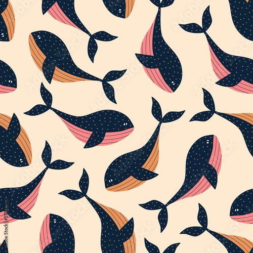 Cute colorful whales hand drawn vector illustration. Funny ocean animals seamless pattern for kids fabric or wallpaper.