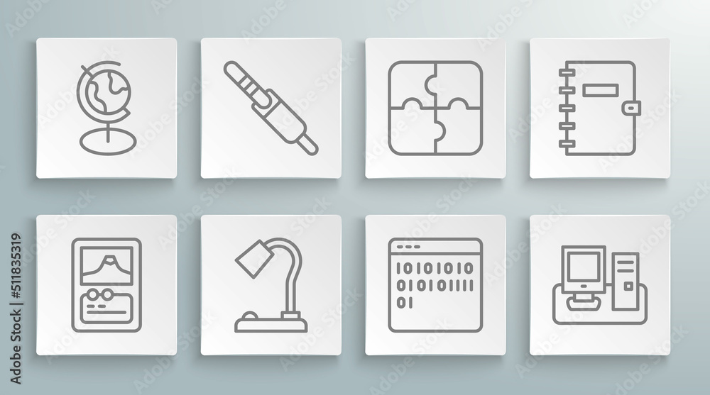 Set line Card game, Audio jack, Table lamp, Binary code, Monitor with keyboard, Piece of puzzle, Spiral notebook and Earth globe icon. Vector Set line Card game, Audio jack, Table lamp, Binary code, Monitor with keyboard, Piece of puzzle, Spiral notebook and Earth globe icon. Vector