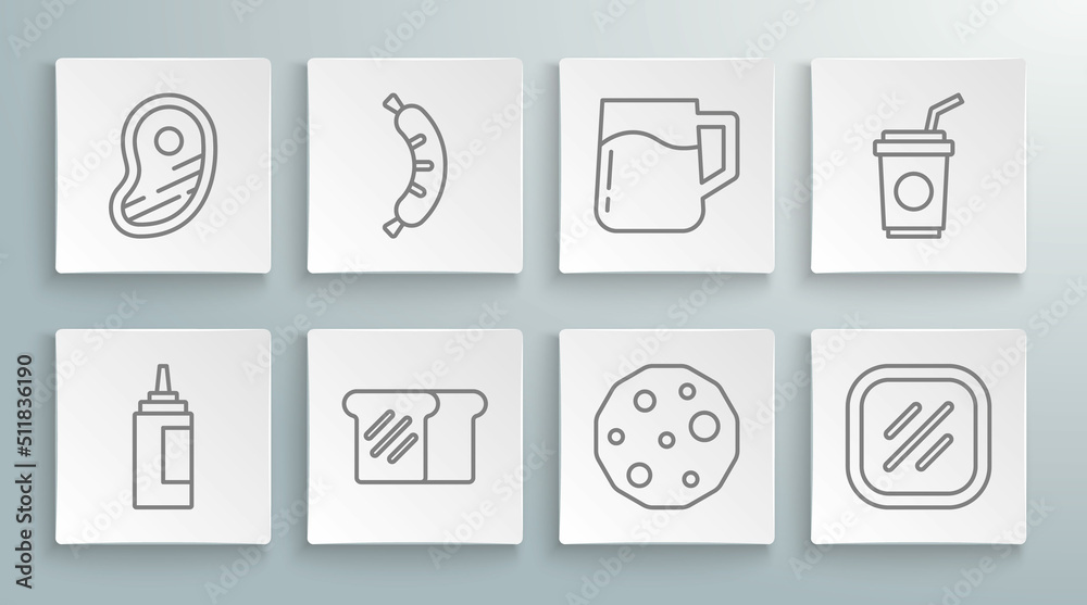 Set line Sauce bottle, Hotdog, Bread toast, Cookie or biscuit, Steak meat, Wooden beer mug, Paper glass with straw and icon. Vector Set line Sauce bottle, Hotdog, Bread toast, Cookie or biscuit, Steak meat, Wooden beer mug, Paper glass with straw and icon. Vector