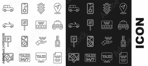 Set line Taxi driver license, Car key with remote, car, Traffic light, Airport, and Taximeter icon. Vector