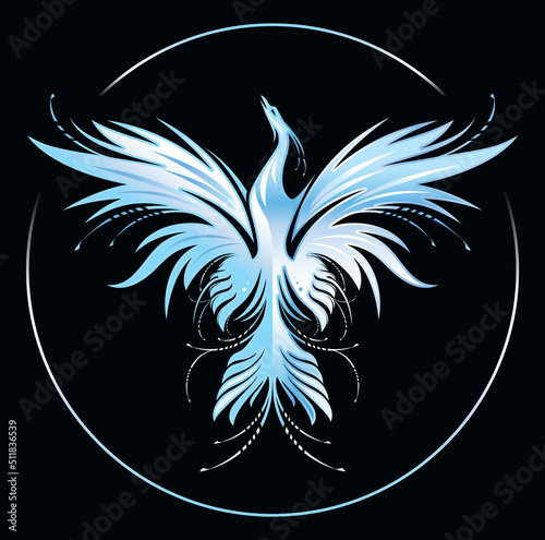 Stylized image of magic ice Phoenix on black background. Vector illustration template for print, fantasy poster, mascot, emblem, hope concept.