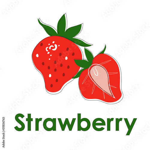 Flat  vector strawberry with  thin black line on white background