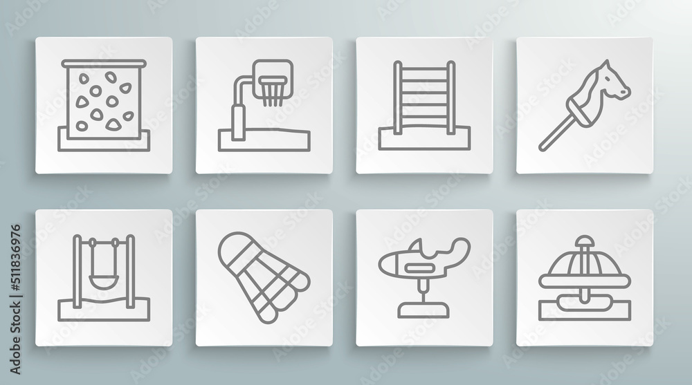 Fototapeta premium Set line Swing, Basketball backboard, Badminton shuttlecock, plane, Attraction carousel, Swedish wall, Toy horse and Climbing icon. Vector