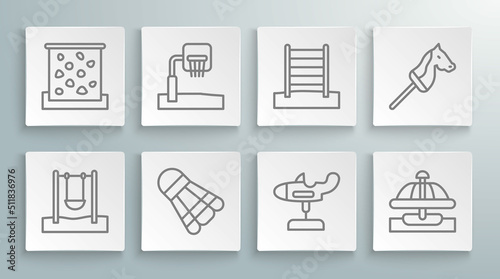 Set line Swing, Basketball backboard, Badminton shuttlecock, plane, Attraction carousel, Swedish wall, Toy horse and Climbing icon. Vector
