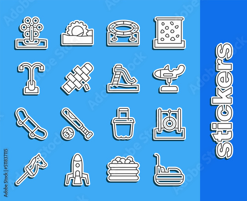 Set line Bumper car, Car tire hanging on rope, Swing plane, Jumping trampoline, Hopscotch, Street light, Ferris wheel and Kid slide icon. Vector