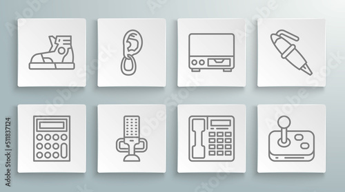 Set line Calculator, Ear with earring, Microphone, Telephone handset, Joystick, Old video cassette player, Fountain pen nib and Sport sneakers icon. Vector