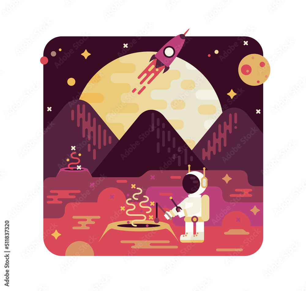 Obraz premium Astronaut explores Mars. Vector illustration in flat stile