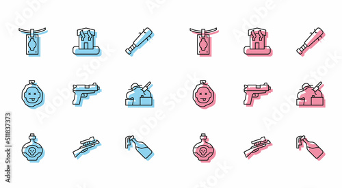 Set line Poison in bottle, Sniper rifle with scope, Money laundering, Cocktail molotov, Pistol or gun, Murder, and Arson home icon. Vector