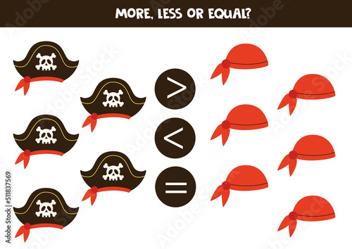 More, less, equal with cute pirate hats.